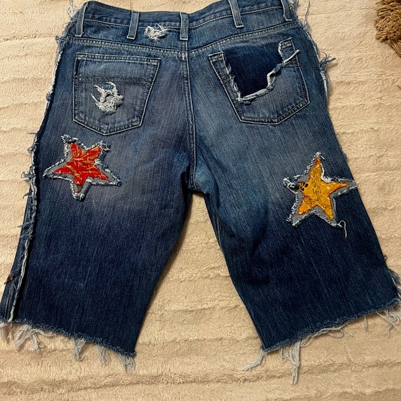 Upcycled One-Of-A-Kind Patchwork Denim Jorts with Star Patches - Picture 2 of 6